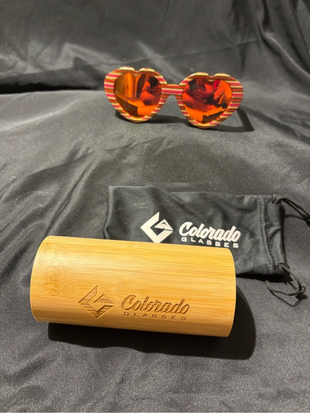 Striped Heart-Shaped Sunglasses with Orange Mirrored Lenses